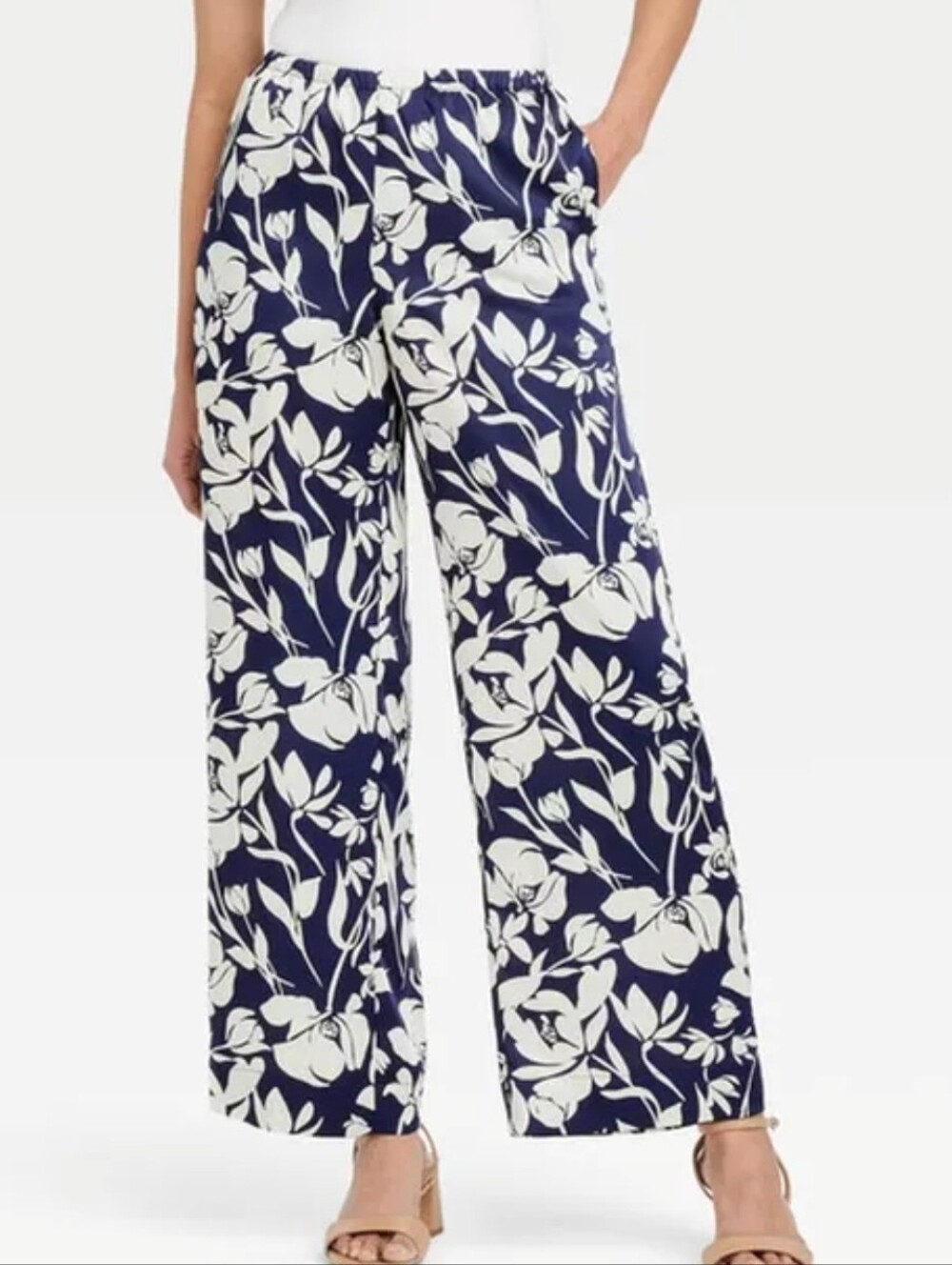 Floral Satin Wide-Leg Pull-On Pants - Navy & Cream